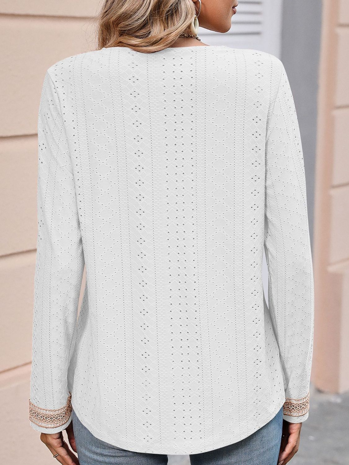 Light Gray Contrast V-Neck Eyelet Long Sleeve Top Clothes
