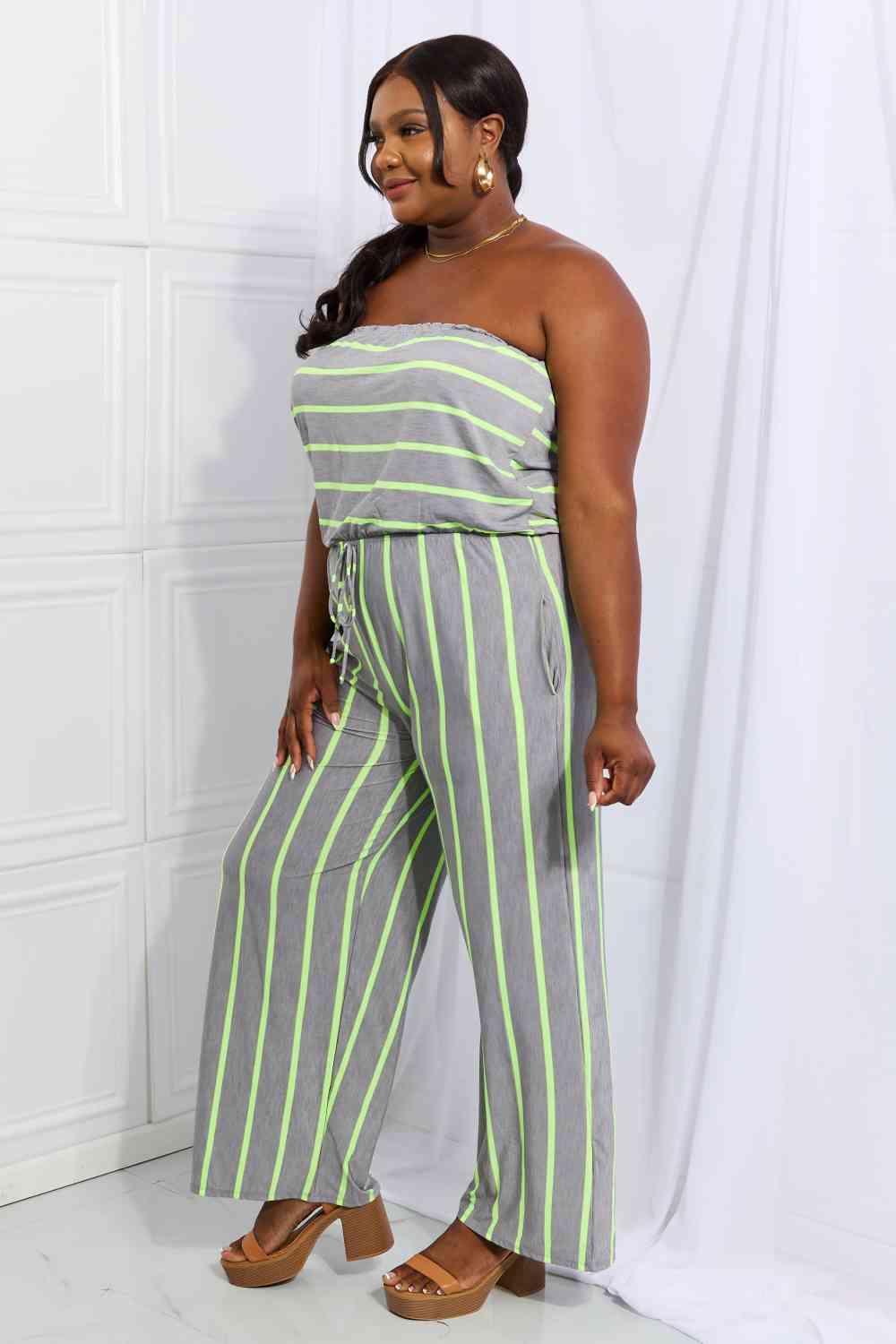 Light Gray Sew In Love Pop Of Color Full Size Sleeveless Striped Jumpsuit Clothing