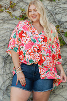 Rosy Brown Plus Size Floral V-Neck Half Sleeve Shirt Tops