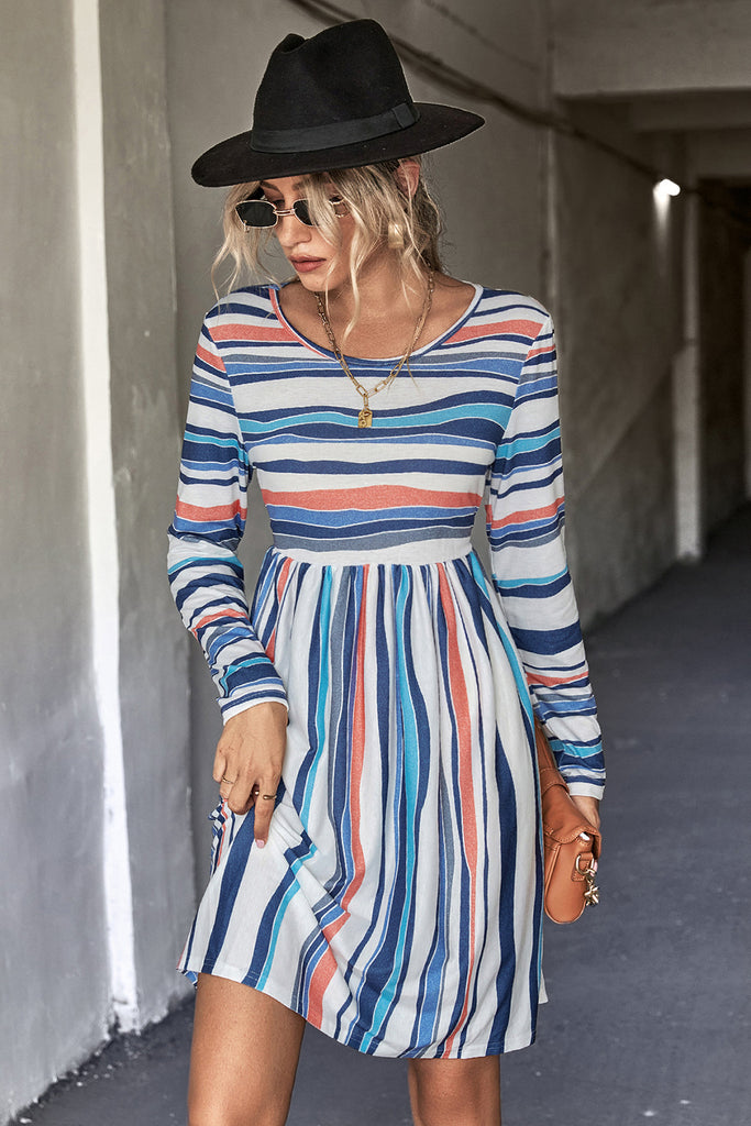 Dark Slate Gray Striped Round Neck Long Sleeve Tee Dress