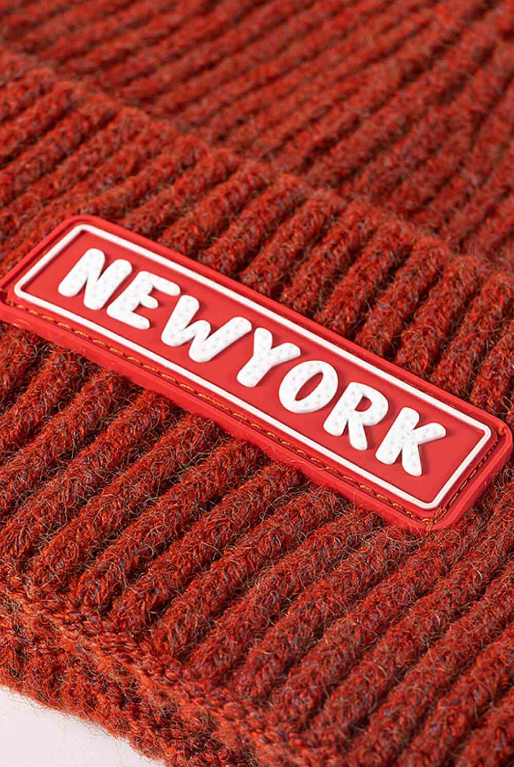Brown NEWYORK Patch Rib-Knit Cuffed Beanie Winter Accessories
