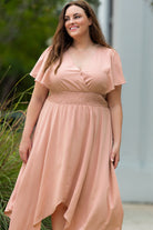 Rosy Brown Plus Size Wide Waistband Surplice Neck Flutter Sleeve Midi Dress Clothing