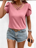 Rosy Brown Strappy V-Neck Petal Sleeve Top Tops