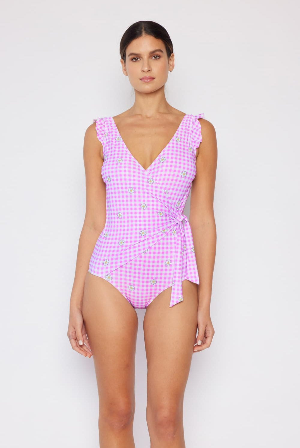 Lavender Float On Ruffle Faux Wrap One-Piece in Carnation Pink Swimwear