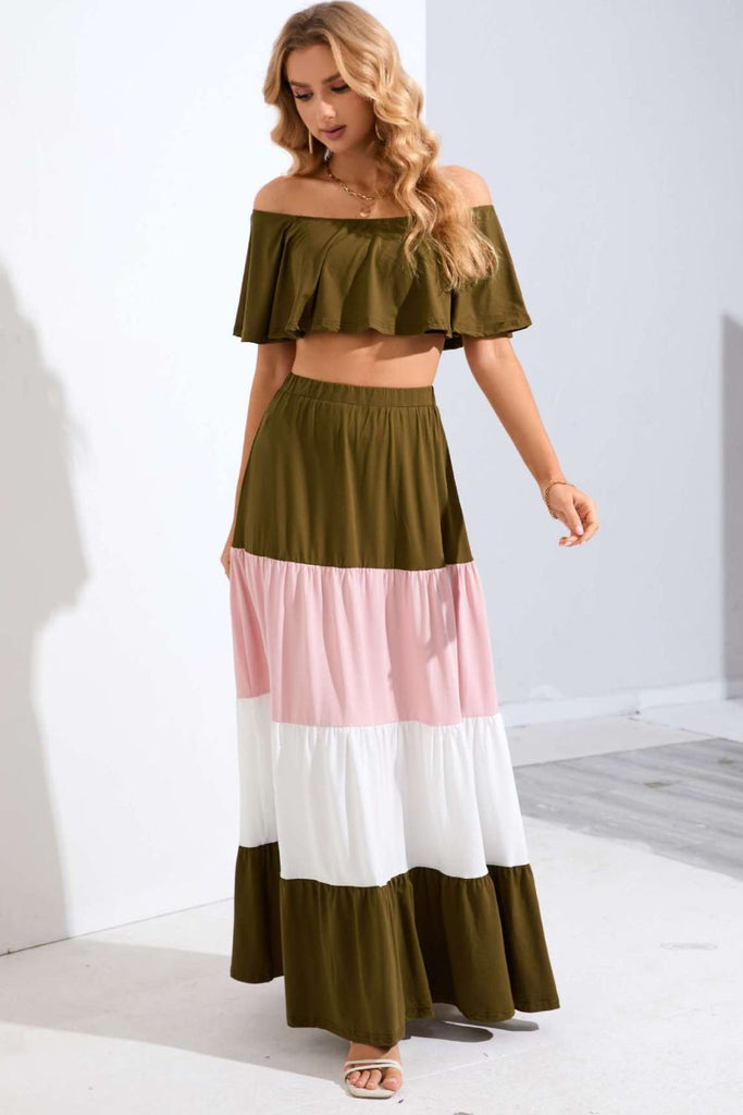 Light Gray Off-Shoulder Crop Top and Color Block Tiered Skirt Set Outfit Sets