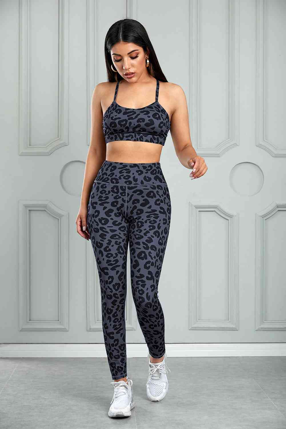 Gray Leopard Cutout Sports Bra and Leggings Set Trends