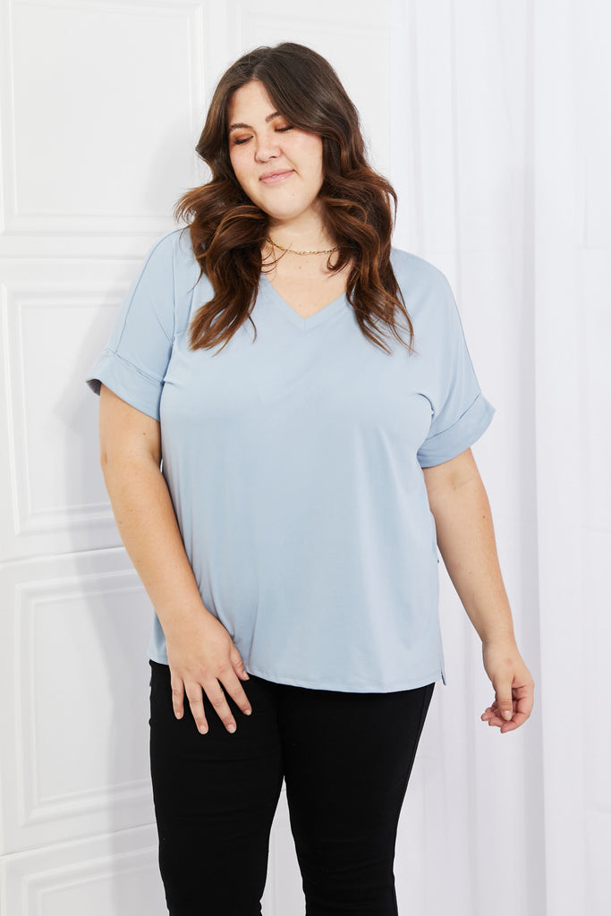 Light Gray Zenana Simply Comfy Full Size V-Neck Loose Fit Shirt in Blue Plus Size Clothes