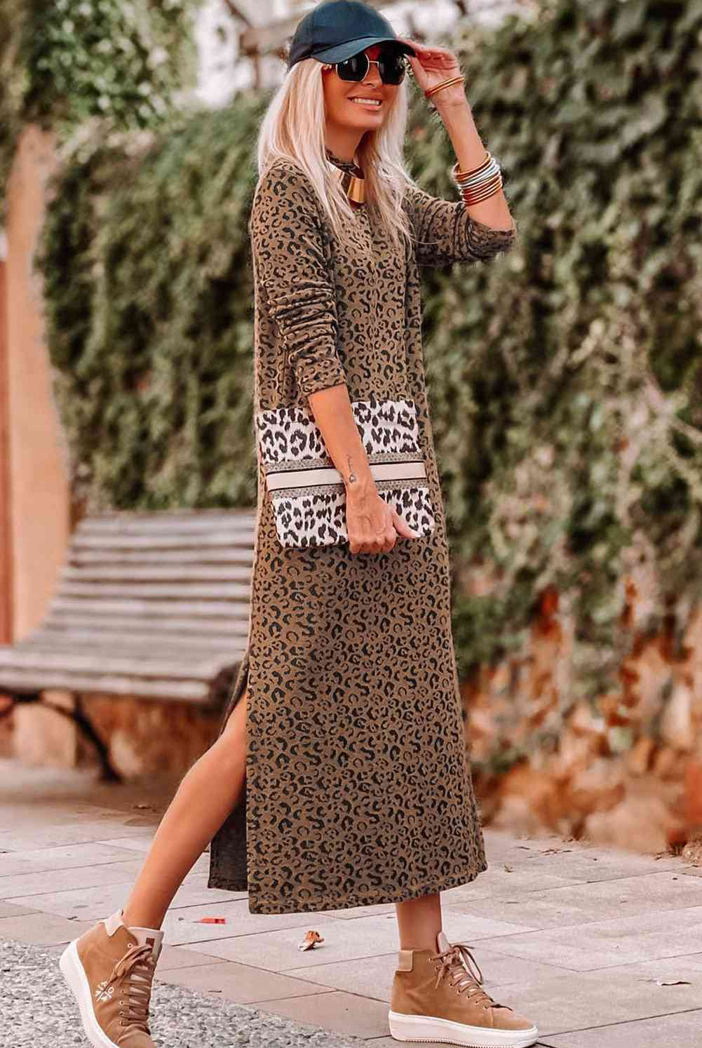 Dim Gray Round Neck Leopard Print Long Sleeve Slit Dress Trends
