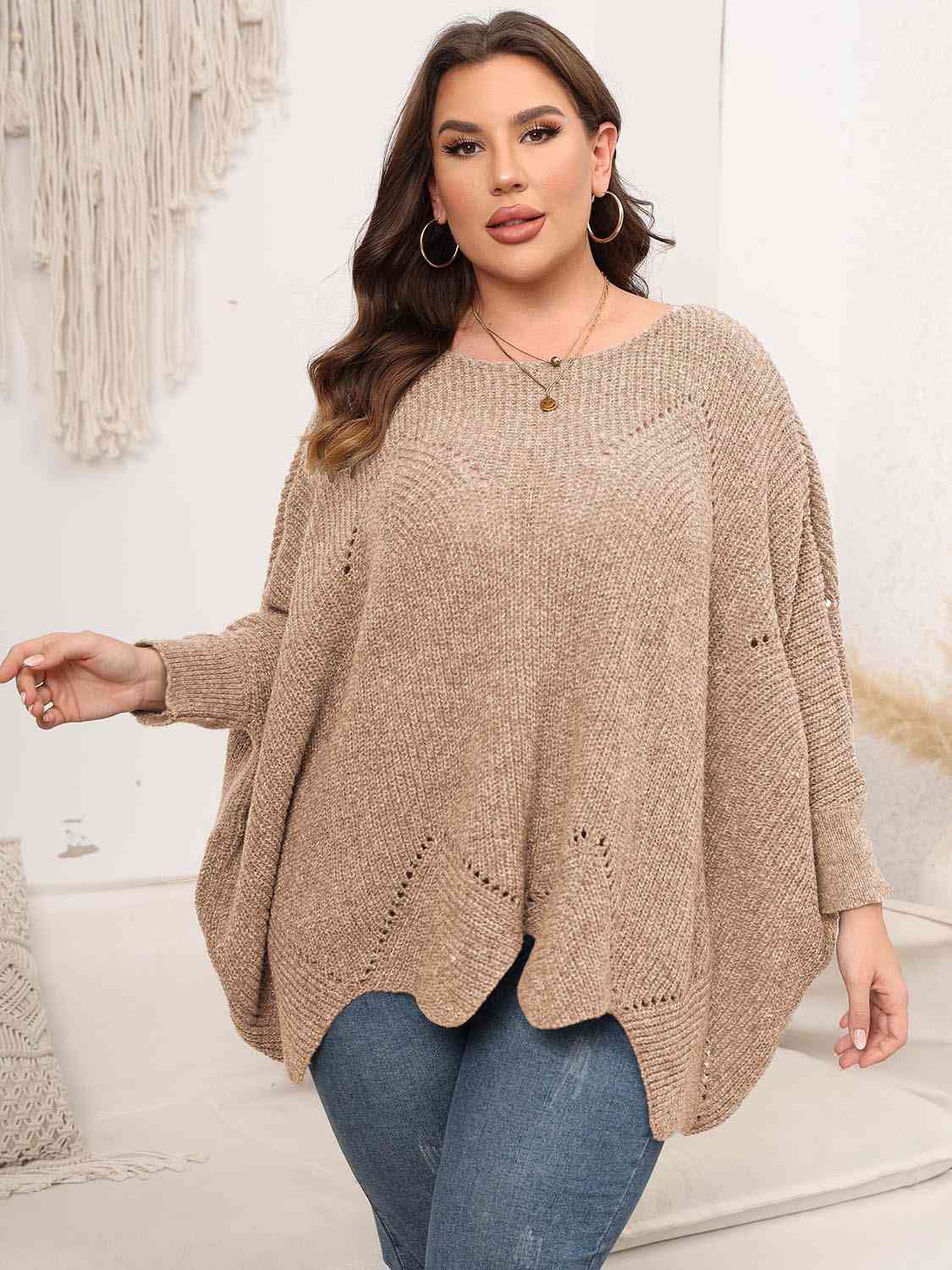 Light Gray Plus Size Round Neck Batwing Sleeve Sweater Plus Size Clothes