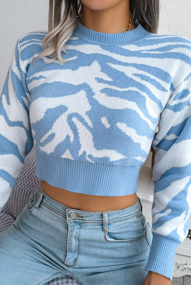 Light Steel Blue Tiger Print Mock Neck Cropped Sweater Shirts & Tops