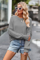 Light Slate Gray Round Neck Drop Shoulder Long Sleeve Sweater Clothing