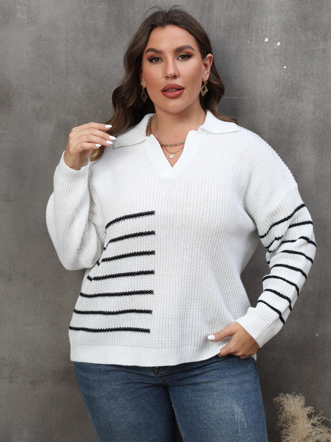 Dim Gray Plus Size Striped V-Neck Sweater Clothing