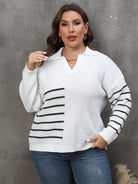 Dim Gray Plus Size Striped V-Neck Sweater Clothing