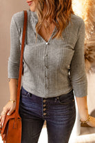 Dim Gray Catch The Sun Buttoned V-Neck Ribbed Top Shirts & Tops