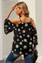 Black Printed Cold-Shoulder Three-Quarter Flare Sleeve Blouse Trends