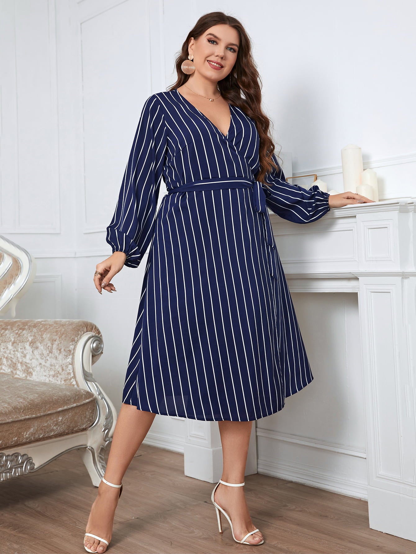 Light Gray She Knows She's A Ten Plus Size Striped Surplice Neck Long Sleeve Dress Plus Size Dresses