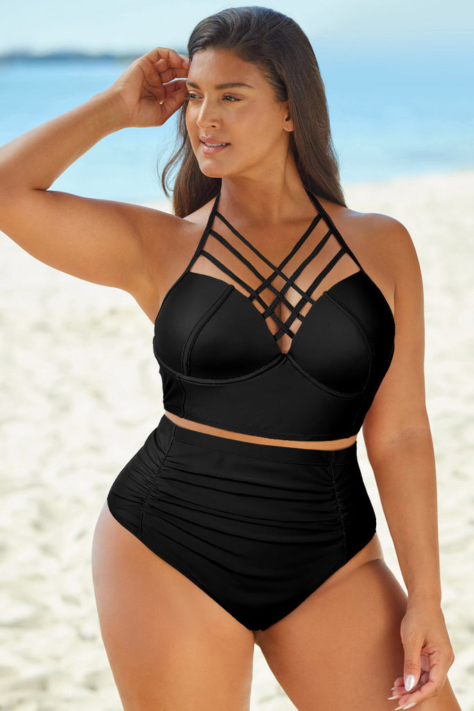 Black Halter Neck Crisscross Ruched Two-Piece Swimsuit Clothing