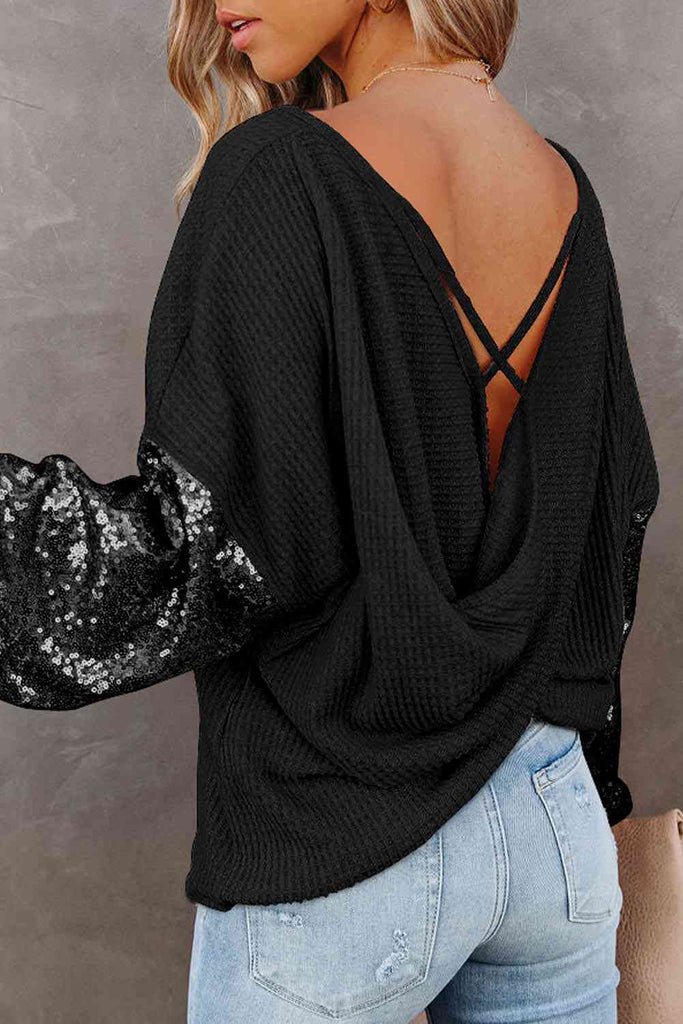Black Sequin Waffle-Knit Blouse Holiday