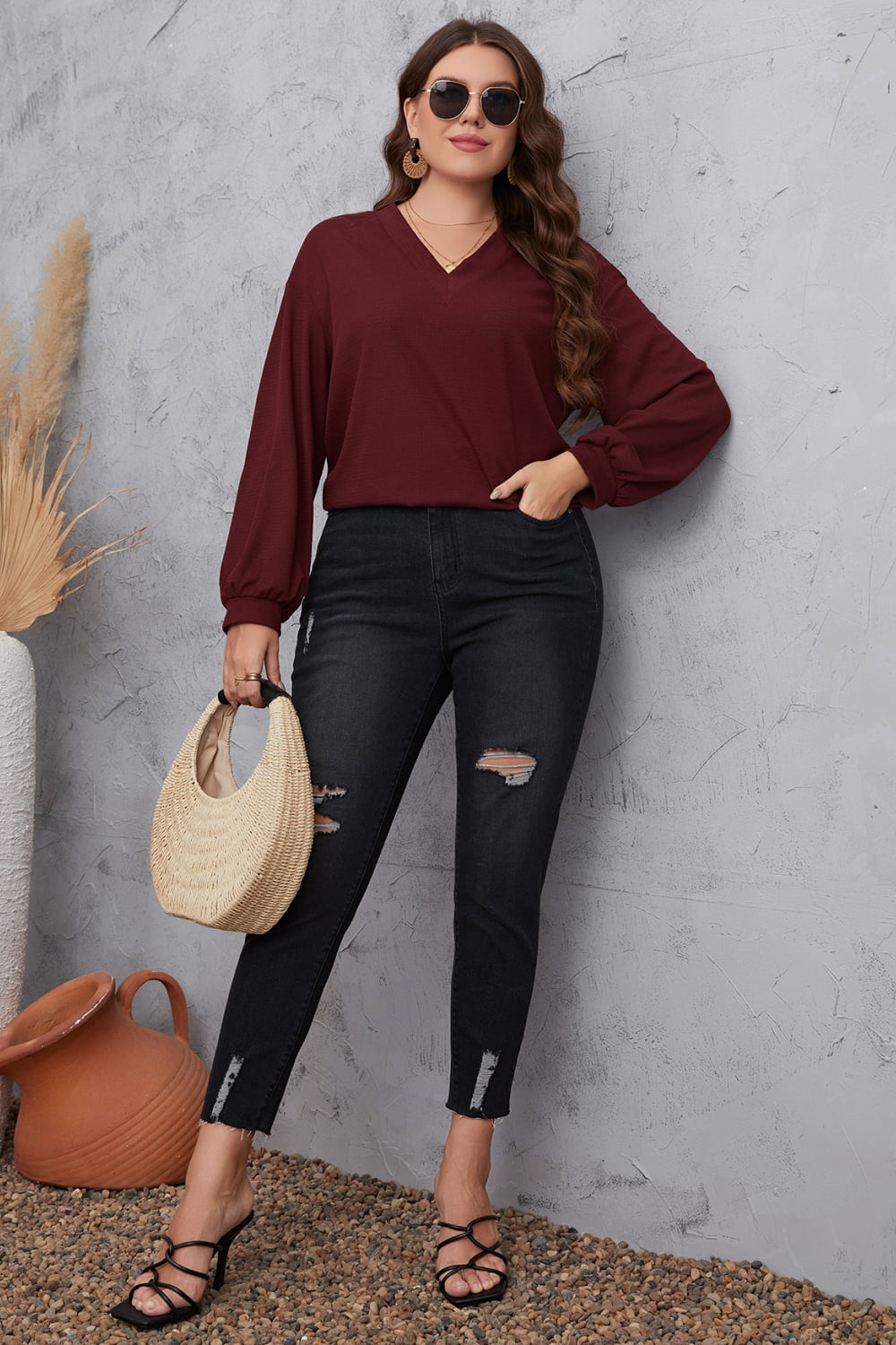 Dark Gray Harvest Hues Plus Size V-Neck Dropped Shoulder Blouse Plus Size Tops