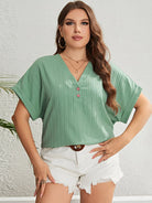 Gray Another Time Plus Size Buttoned V-Neck Short Sleeve Top Plus Size Tops