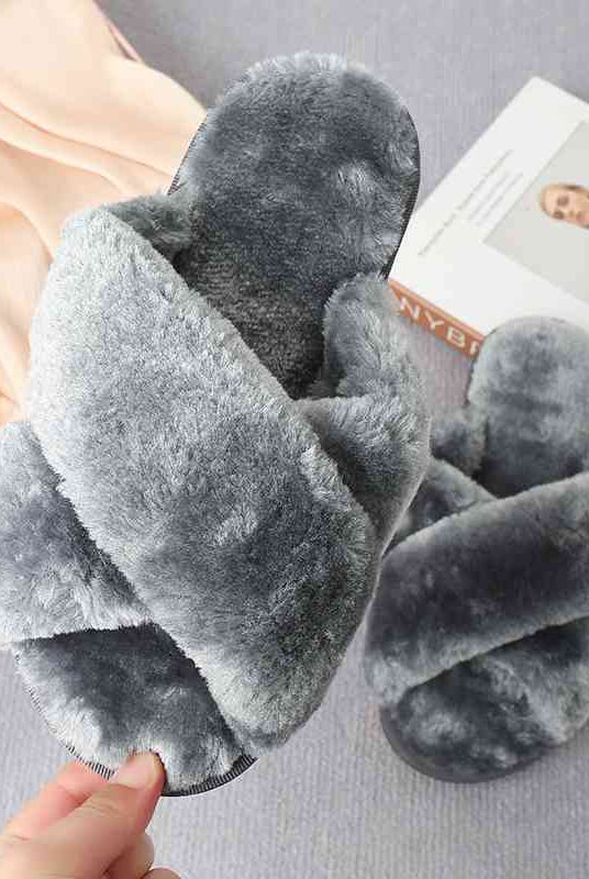 Gray Faux Fur Crisscross Strap Slippers Gifts