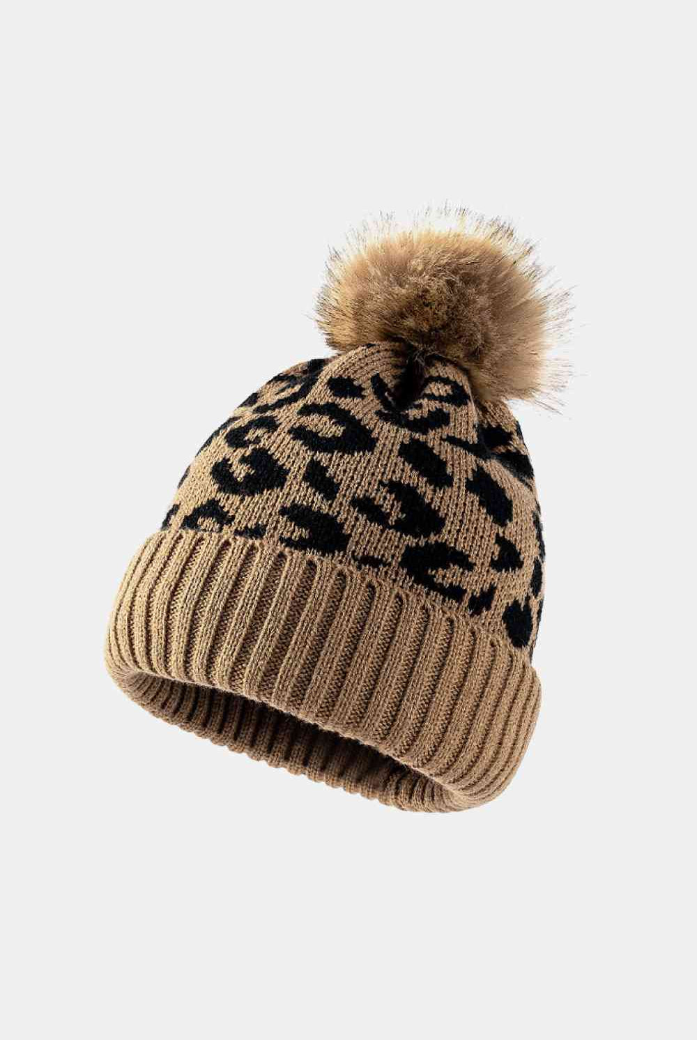 Beige Leopard Pom-Pom Cuffed Beanie Winter Accessories