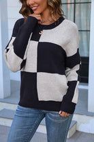 Dark Gray Color Block Round Neck Dropped Shoulder Sweater Capsule