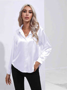 Light Gray Collared Neck Buttoned Long Sleeve Shirt Plus Size Clothes