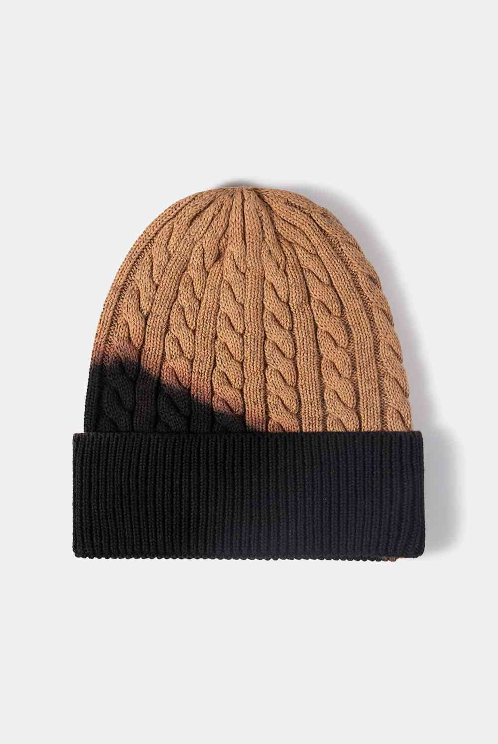 Beige Contrast Tie-Dye Cable-Knit Cuffed Beanie Winter Accessories
