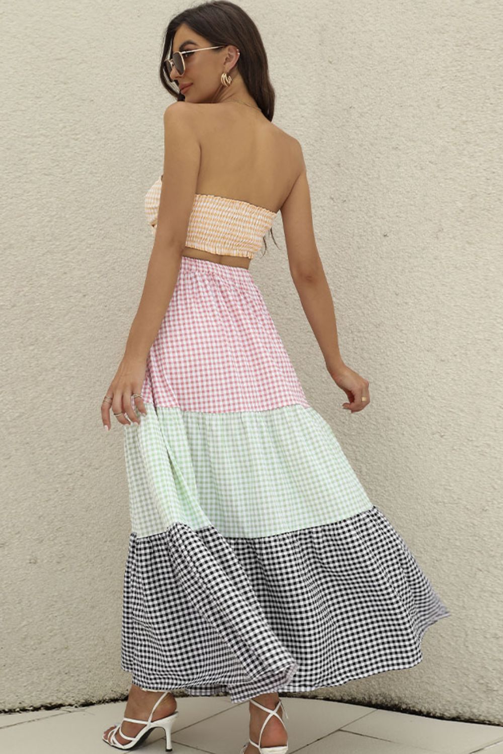 Gray I Sea You Plaid Strapless Top and Tiered Skirt Set Outfit Sets
