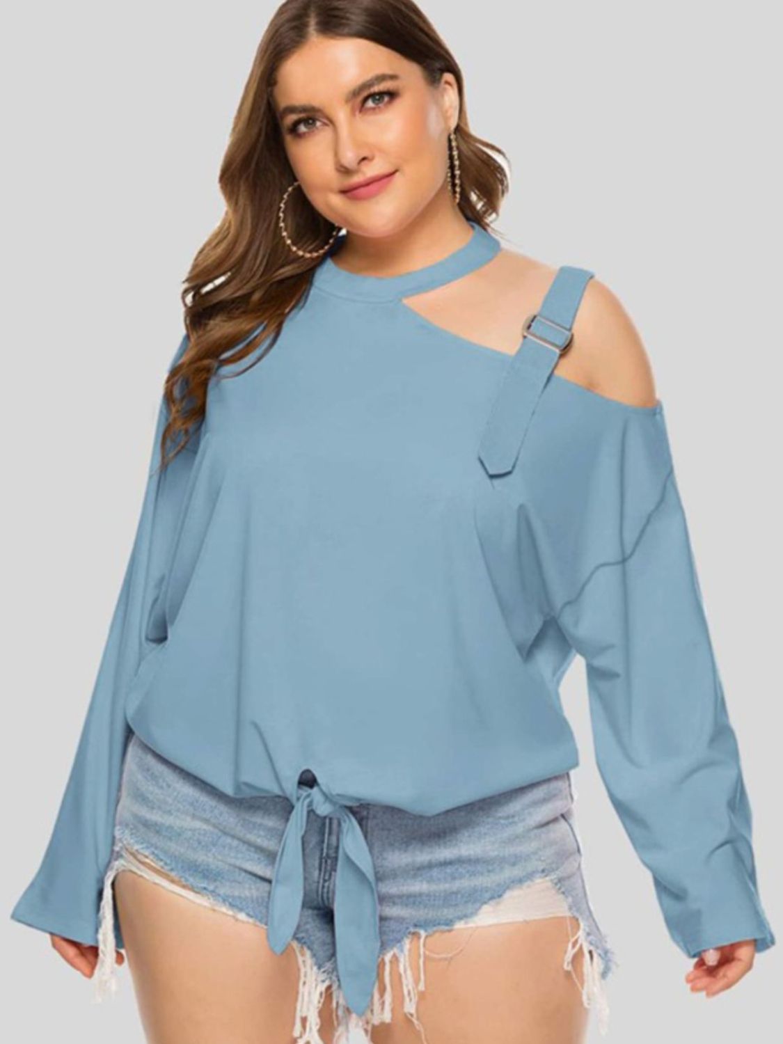 Gray Plus Size Cold-Shoulder Tied Top Clothing