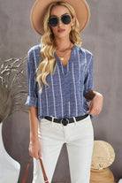 Slate Gray Shine Through Striped V-Neck High-Low Shirt with Breast Pocket Shirts & Tops