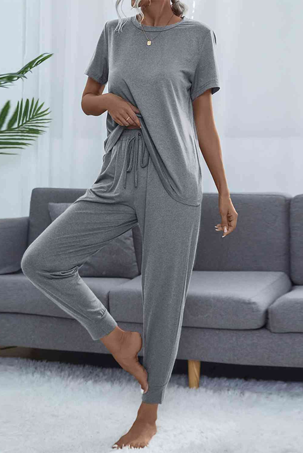 Slate Gray Round Neck Short Sleeve Top and Pants Set Loungewear