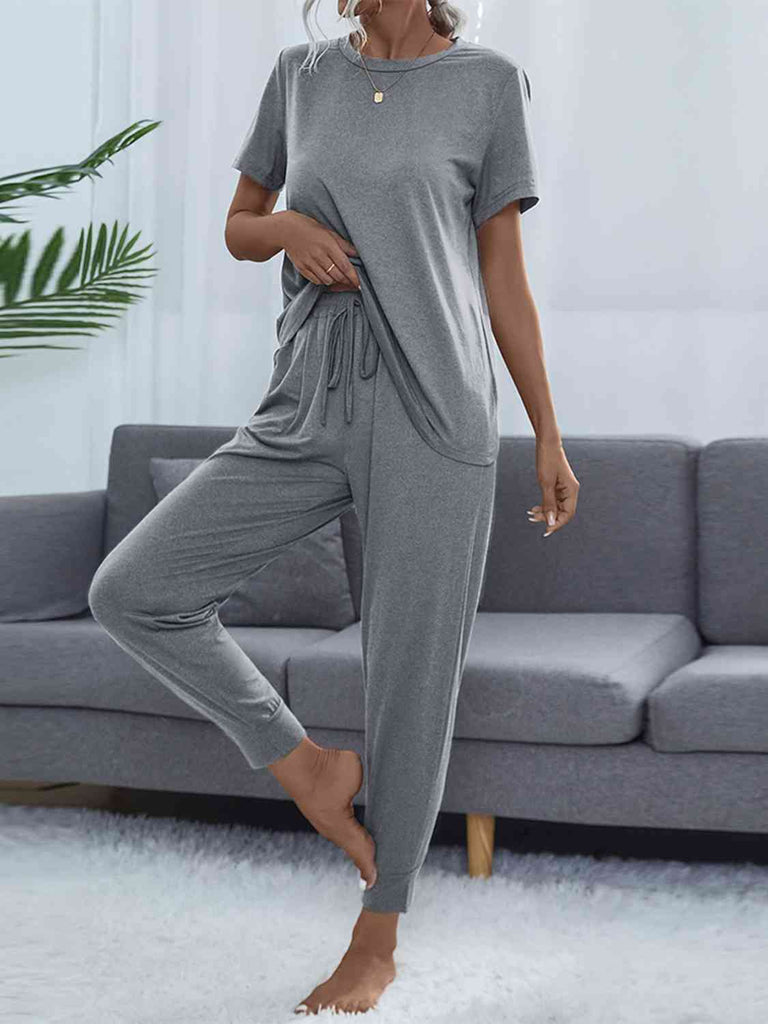 Slate Gray Round Neck Short Sleeve Top and Pants Set Loungewear