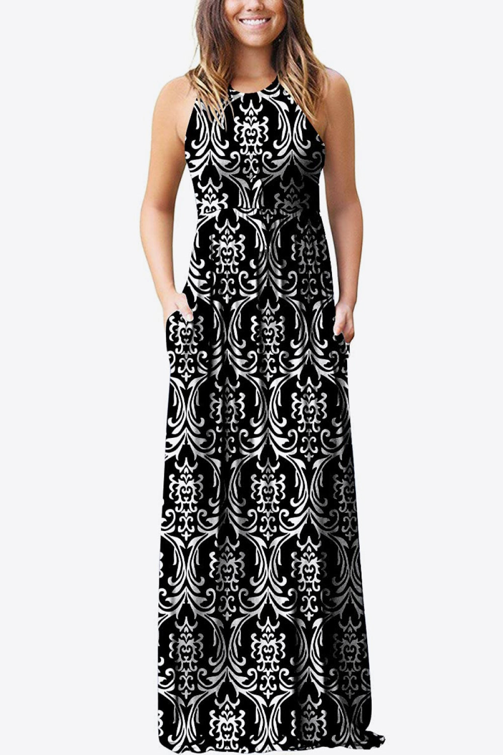 Black Empire Waist Sleeveless Dress with Pockets