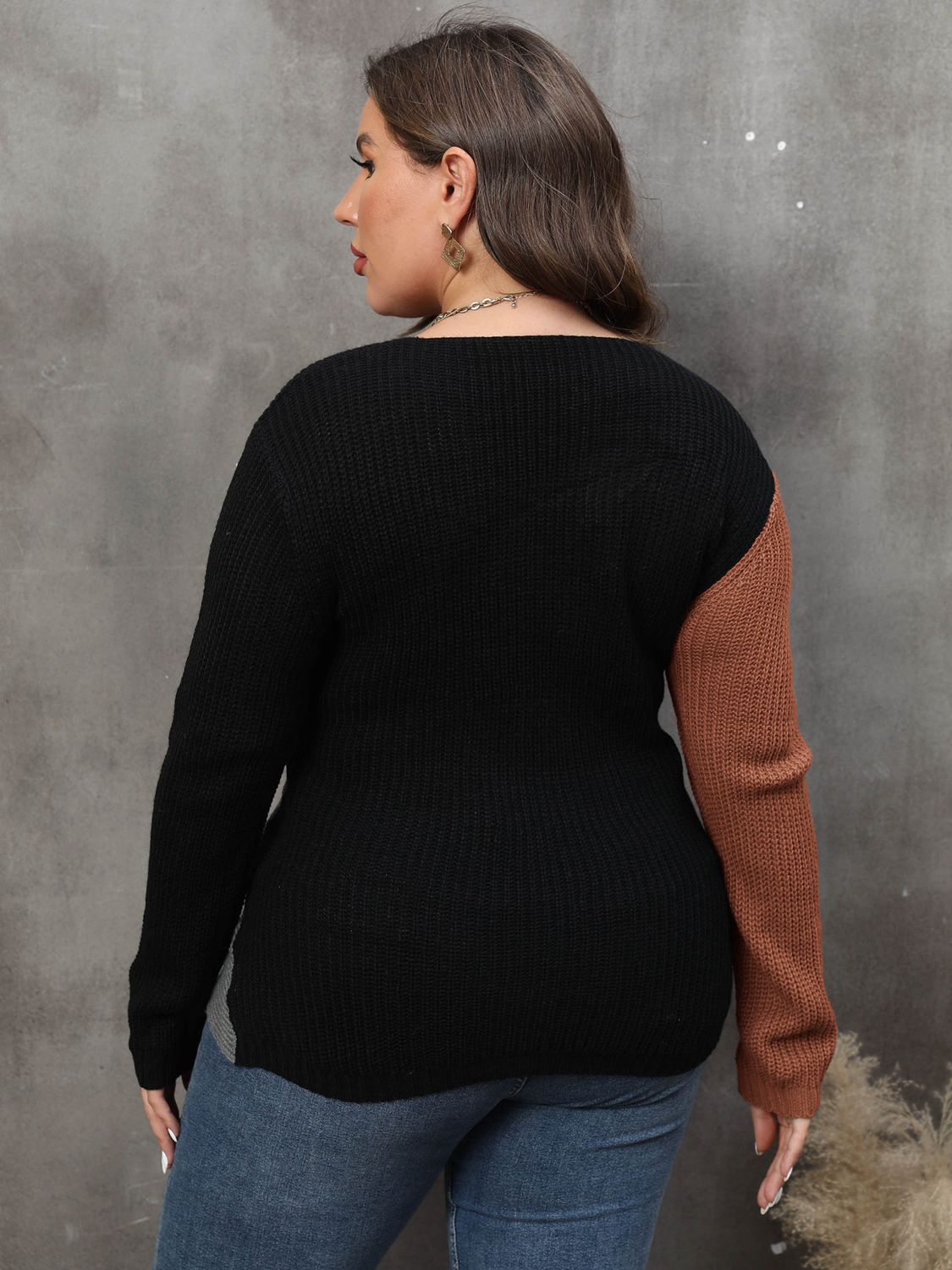 Dark Slate Gray Plus Size Two-Tone Surplice Neck Sweater Clothing