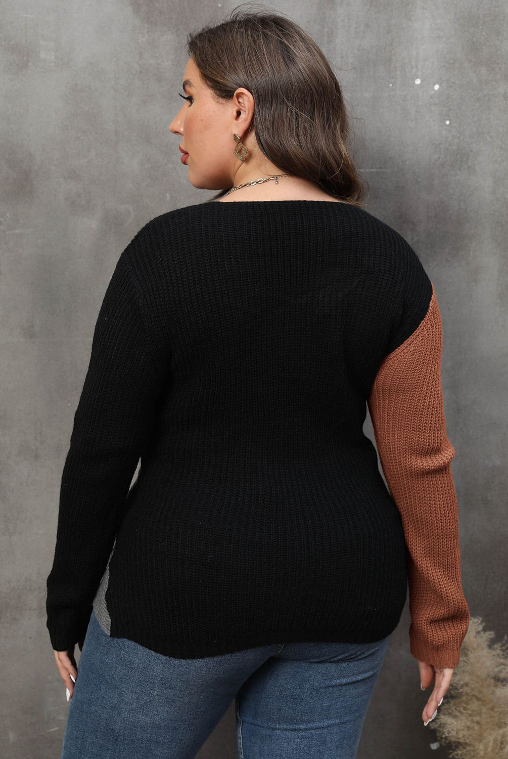 Dark Slate Gray Plus Size Two-Tone Surplice Neck Sweater Clothing