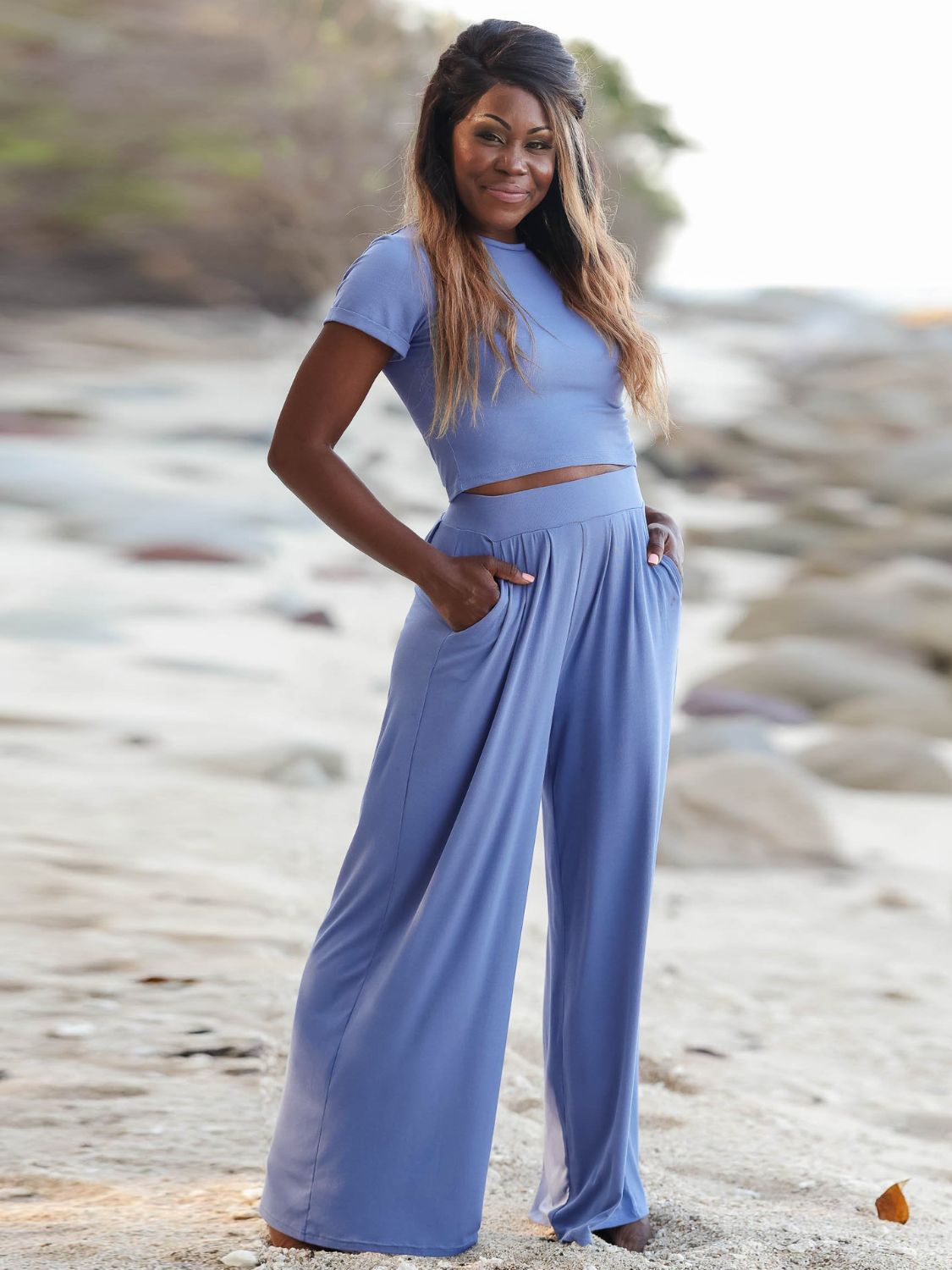 Gray Short Sleeve T-Shirt and Wide Leg Pants Set