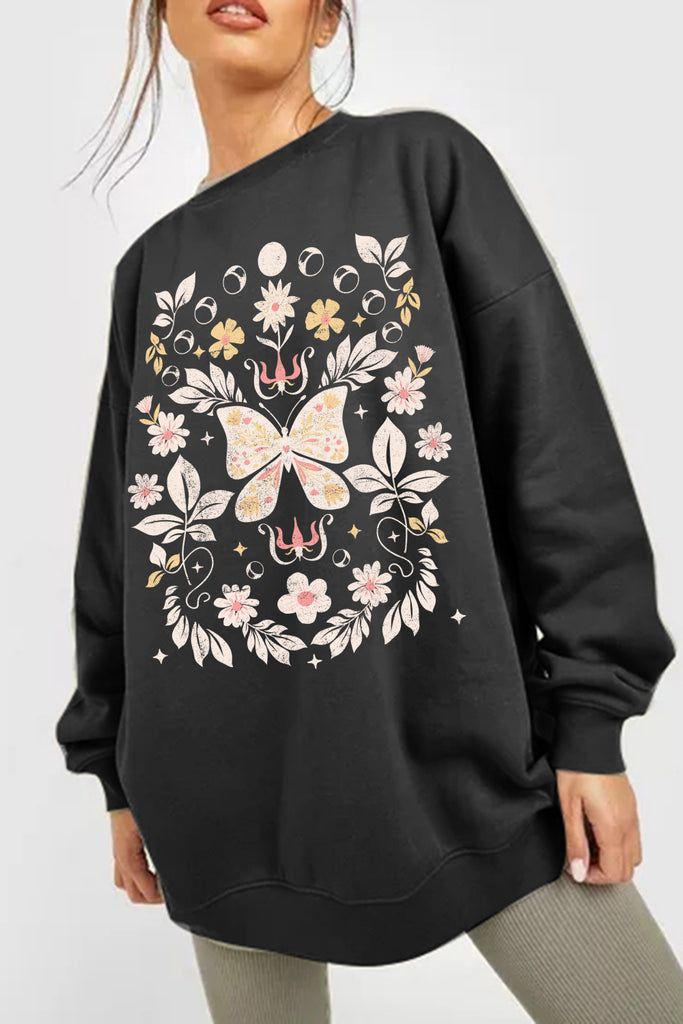 Antique White Simply Love Simply Love Full Size Flower and Butterfly Graphic Sweatshirt Sweatshirts