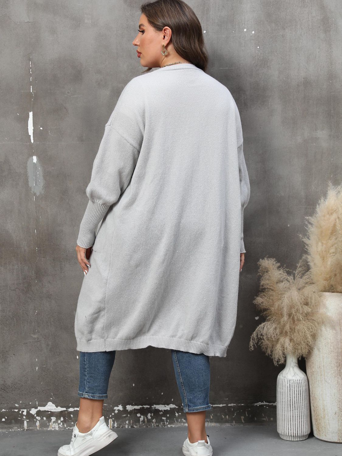 Light Slate Gray Plus Size Long Sleeve Pocketed Cardigan Clothing