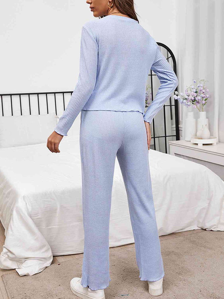 Light Gray Round Neck Long Sleeve Top and Drawstring Pants Lounge Set Loungewear