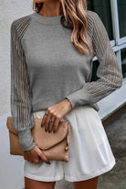 Light Slate Gray Round Neck Raglan Sleeve Knit Top Clothing