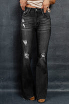 Dark Slate Gray Distressed Raw Hem Flare Jeans Denim