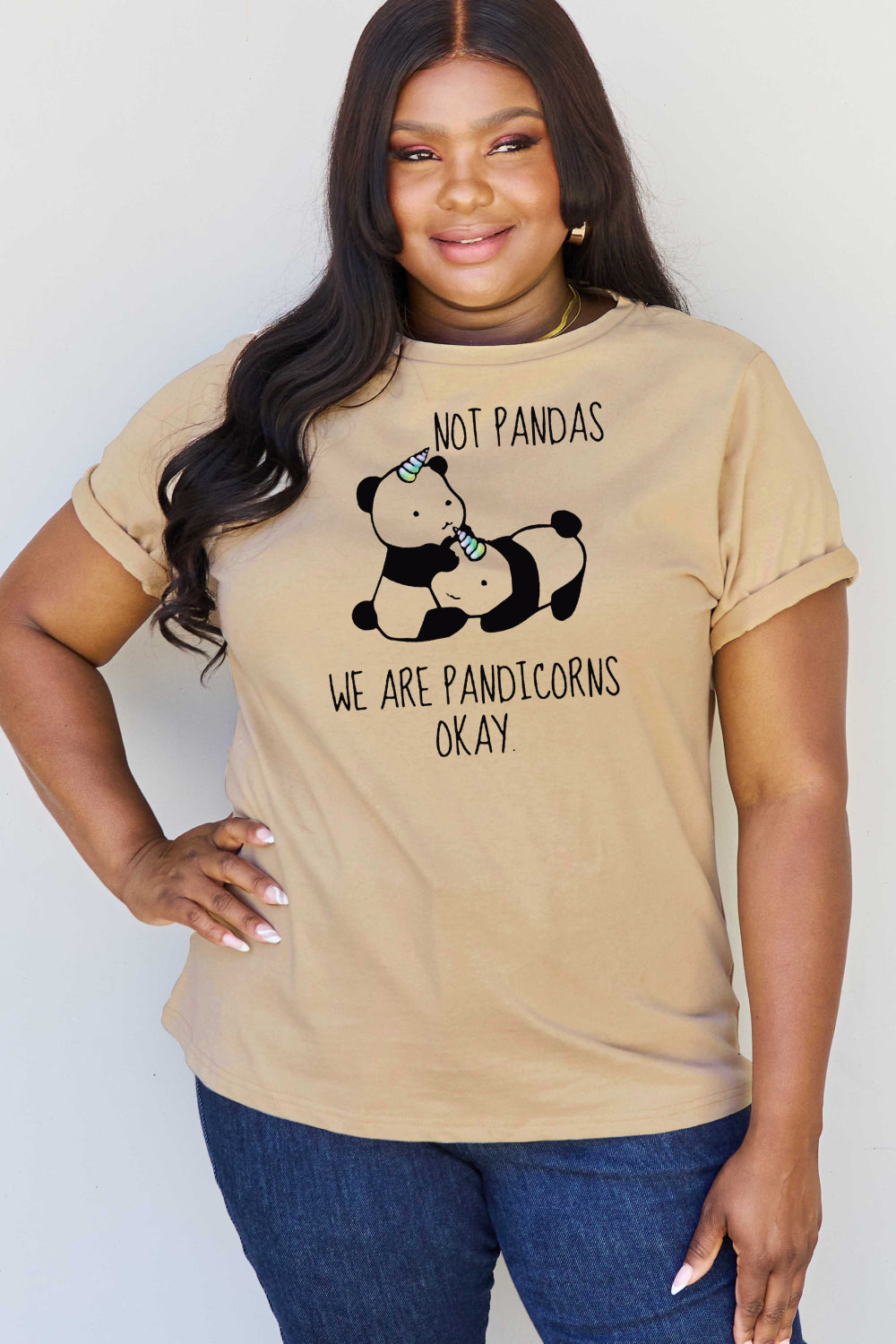 Tan Simply Love Full Size  Pandicorn Graphic Cotton T-Shirt Graphic Tees