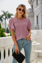 Gray Eyelet Flutter Sleeve Round Neck Top Tops