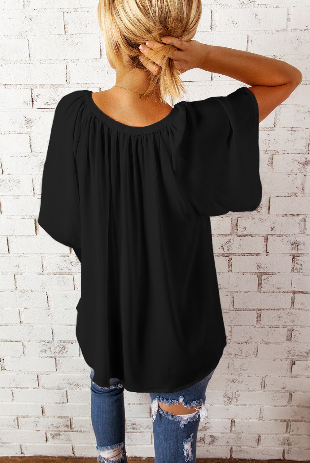 Black Simply Chic Gathered Detail Notched Neck Flutter Sleeve Top Tops