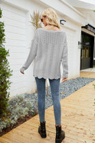 Gray Scalloped Boat Neck Openwork Tunic Sweater Shirts & Tops