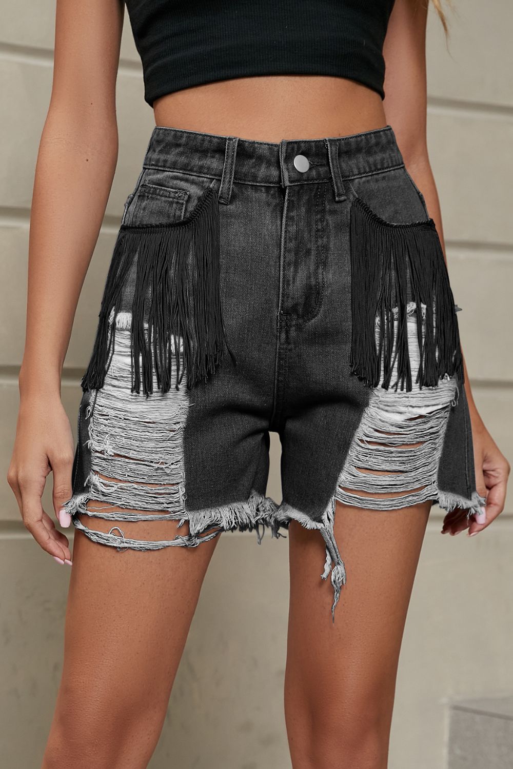 Dim Gray Fringe Trim Distressed Denim Shorts with Pockets Denim