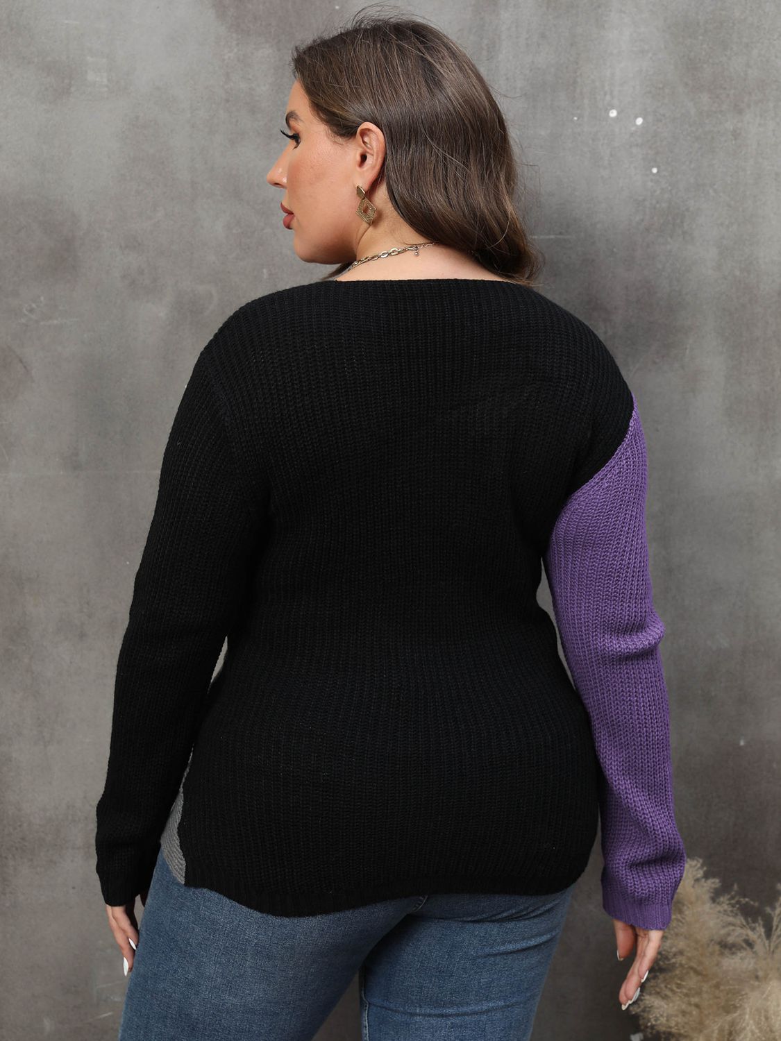 Dark Slate Gray Plus Size Two-Tone Surplice Neck Sweater Clothing