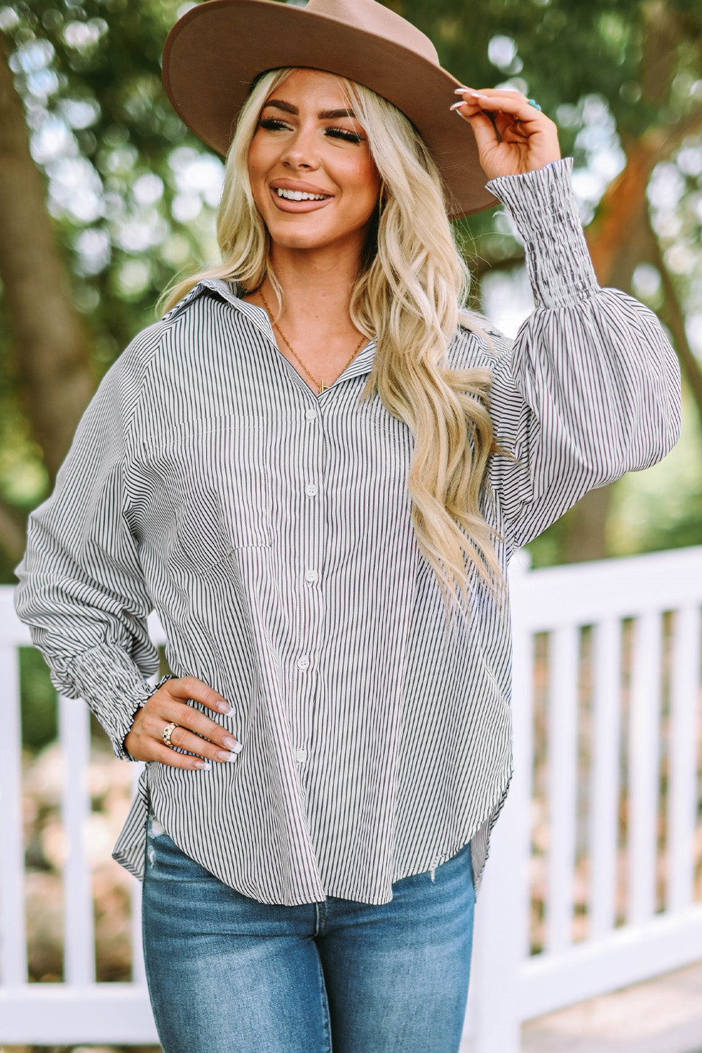 Light Gray Striped Lantern Sleeve Collared Shirt Tops